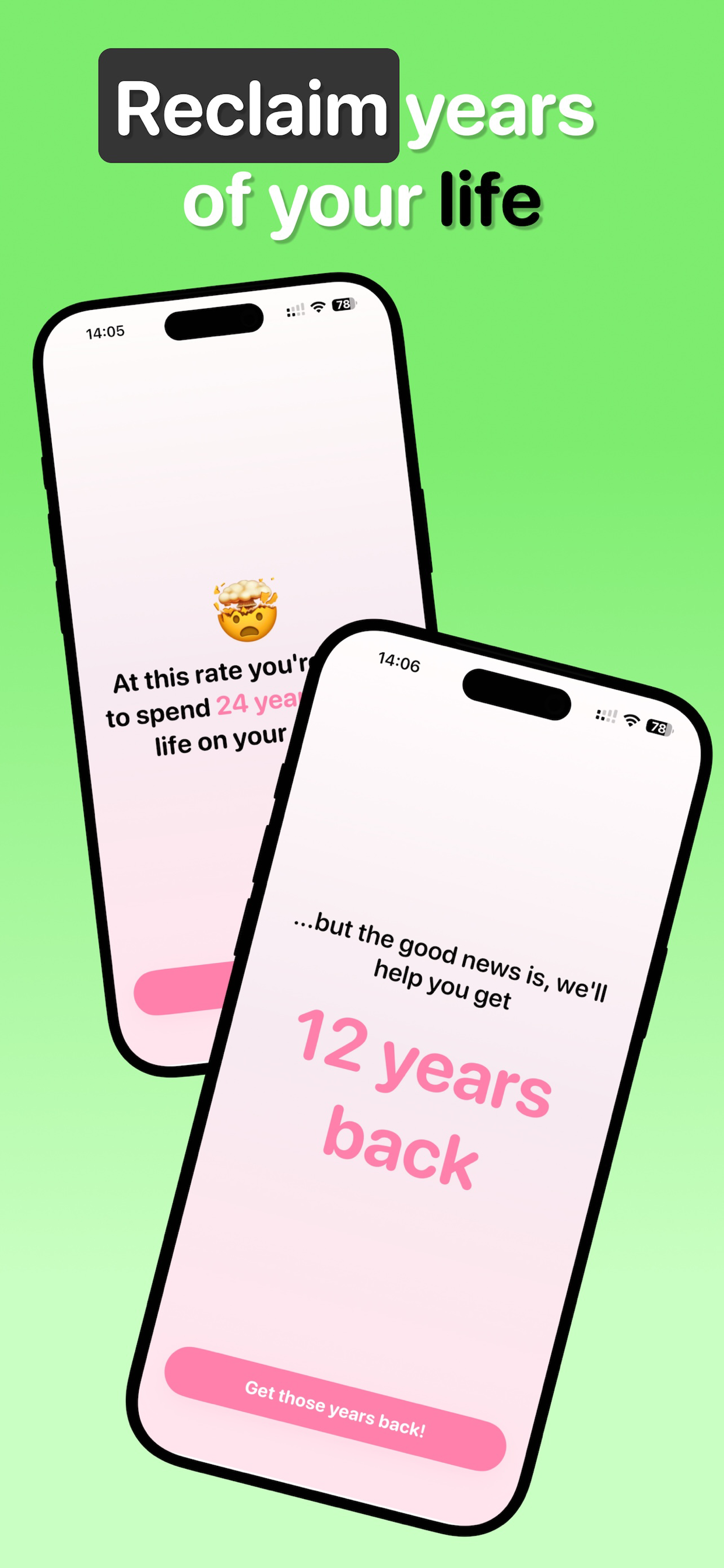 Rewired onboarding showing years of life reclaimed from phone scrolling